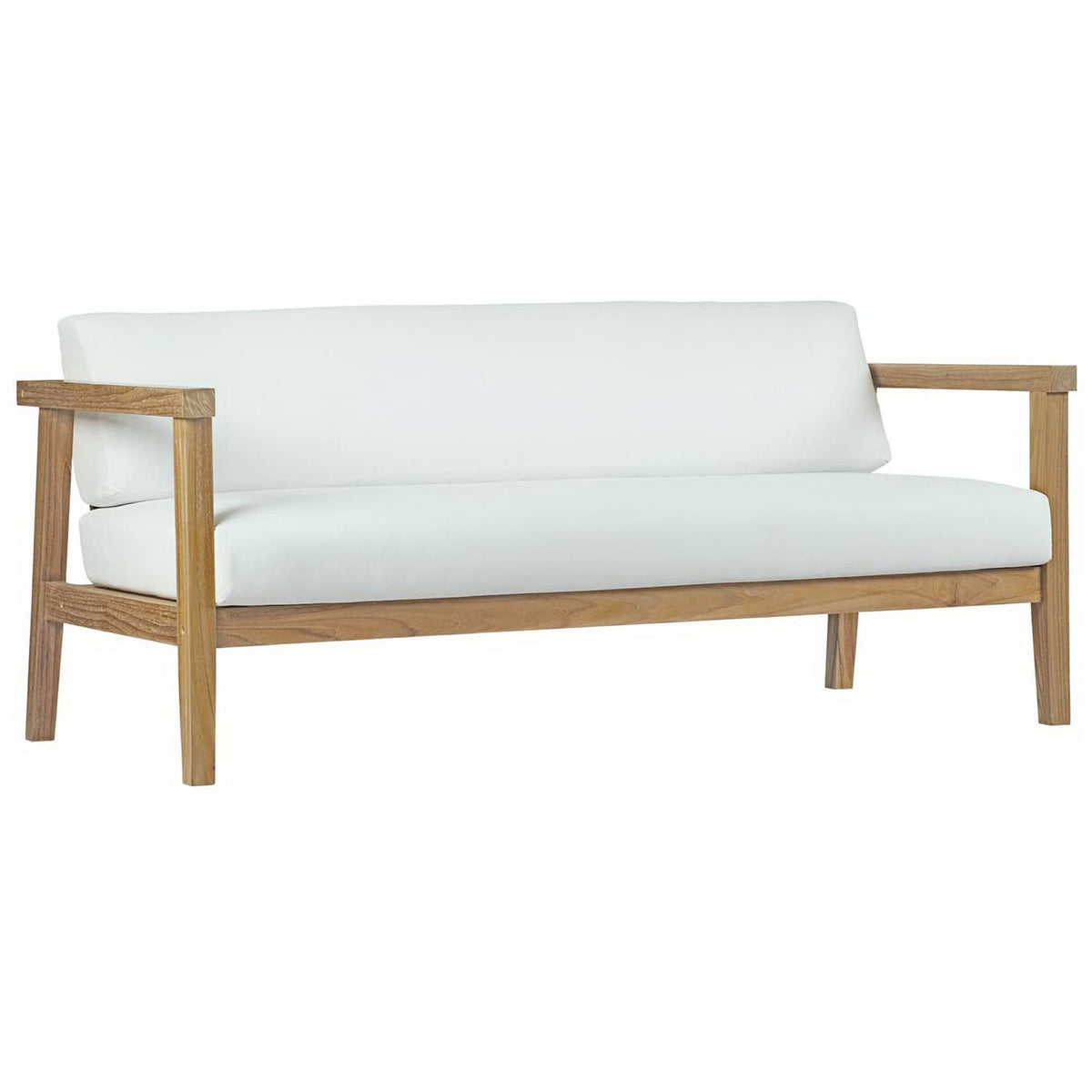 Teak outdoor sofa with slim arms and plush white cushions for spacious patio seating || EEI-2696-NAT-WHI || front_angle_studio