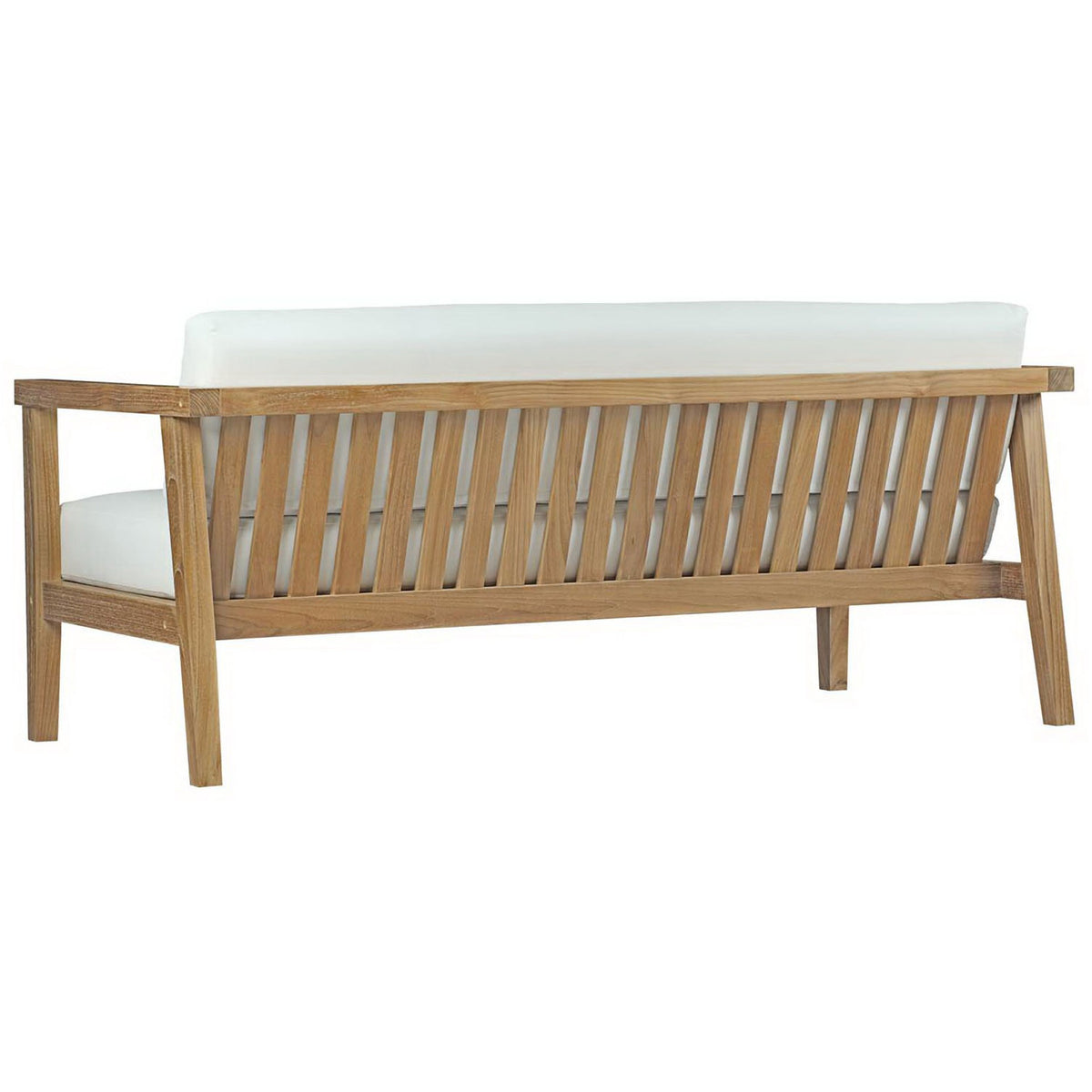 Teak outdoor sofa featuring a slatted backrest and tapered legs for airy, modern style || EEI-2696-NAT-WHI || back_angle_studio
