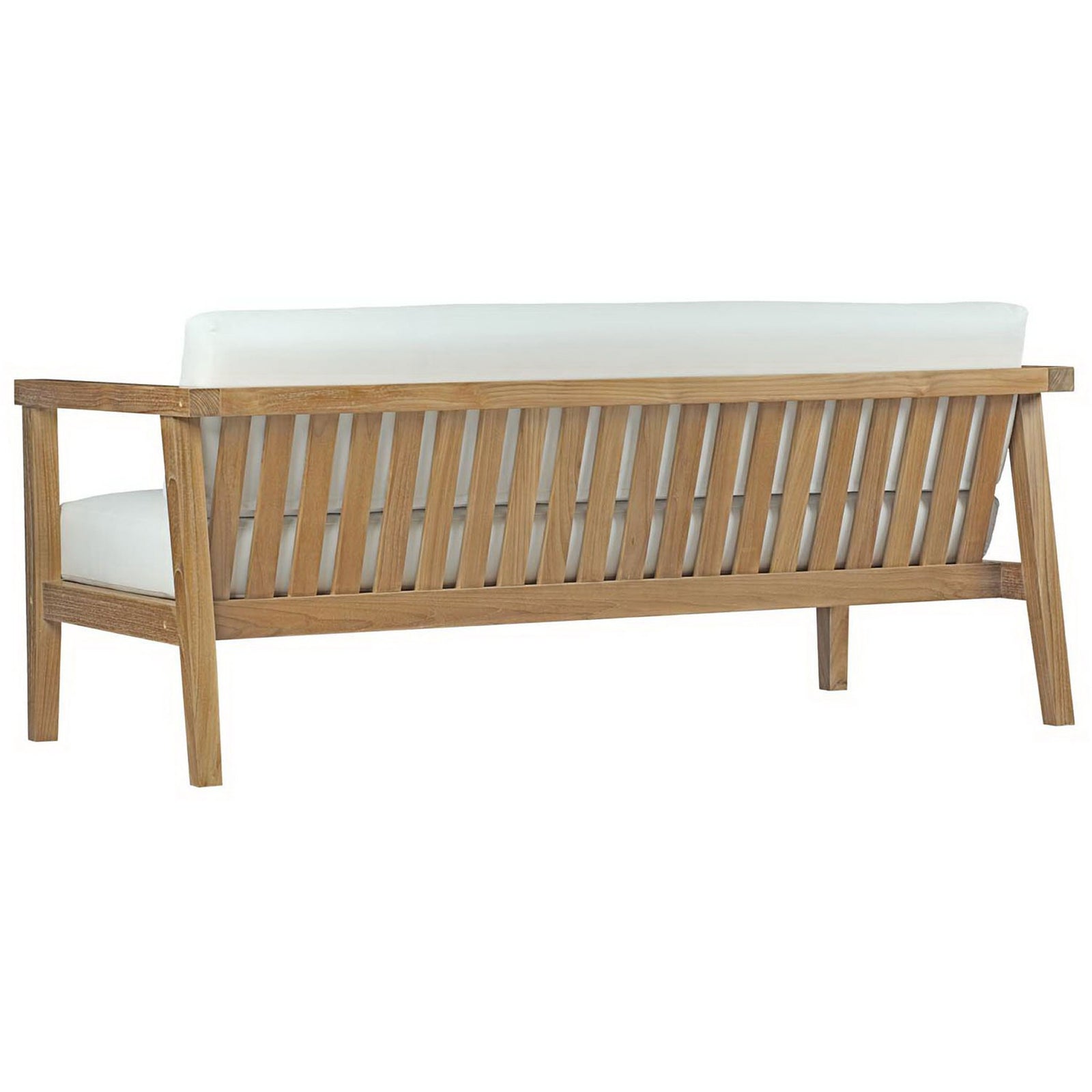 Teak outdoor sofa featuring a slatted backrest and tapered legs for airy, modern style || EEI-2696-NAT-WHI || back_angle_studio