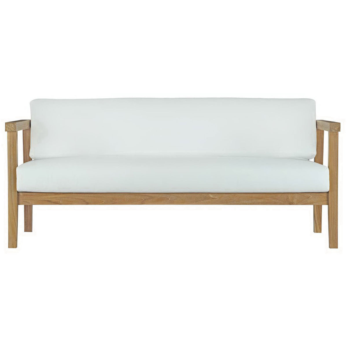Bayport teak patio sofa with long white bench cushion and matching back cushions on a sturdy wood frame || EEI-2696-NAT-WHI || front_studio