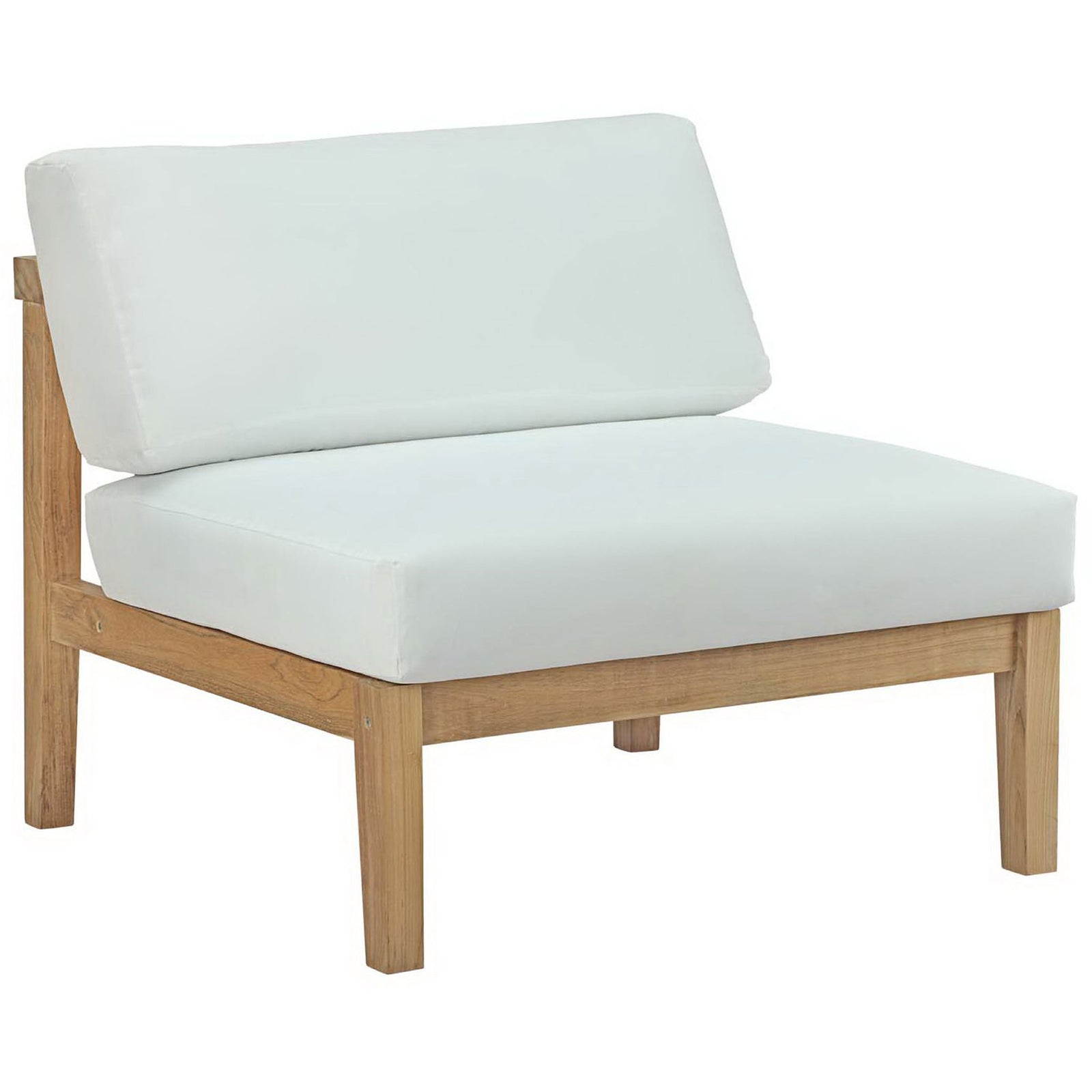 Open-sided teak armless seat with deep white cushions that invite relaxing outdoor lounging || EEI-2697-NAT-WHI || front_angle_studio