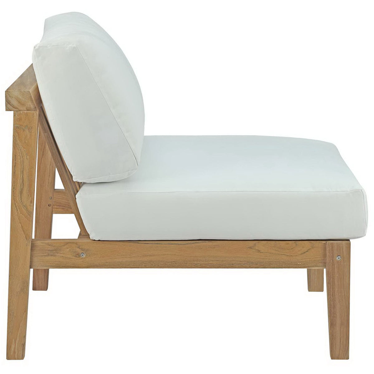 Slanted-back teak armless chair with thick white cushions designed for all-day poolside comfort || EEI-2697-NAT-WHI || side_studio