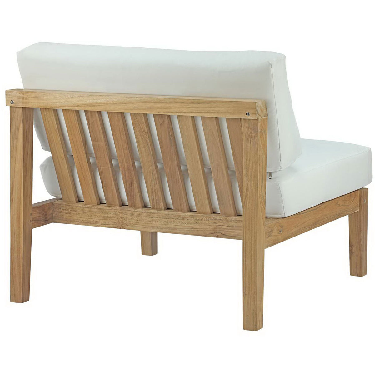 Teak armless chair with vertical slatted back and plush white cushions for airy outdoor style || EEI-2697-NAT-WHI || back_angle_studio
