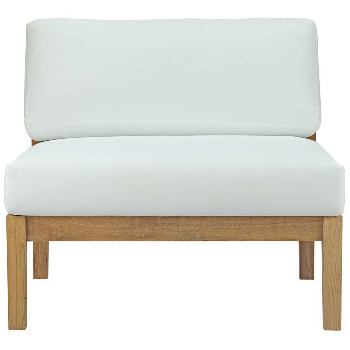 Teak patio armless chair with broad white cushions offering spacious, versatile outdoor seating || EEI-2697-NAT-WHI || front_studio