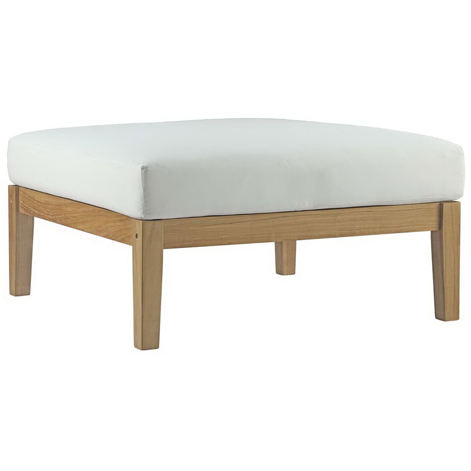 Square teak patio ottoman with warm natural finish and smooth white cushion top || EEI-2698-NAT-WHI || front_angle_studio