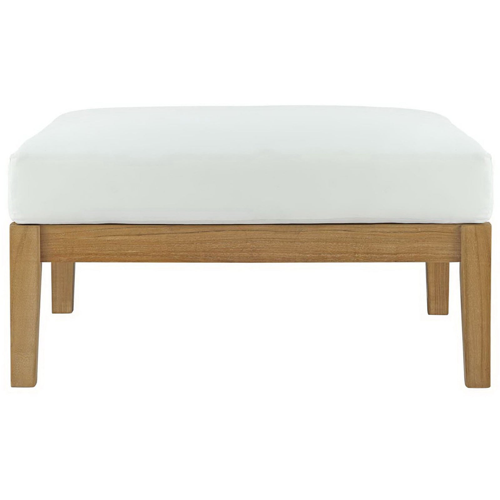 Low-profile teak ottoman showcasing sturdy tapered legs and a crisp white cushion || EEI-2698-NAT-WHI || side_studio