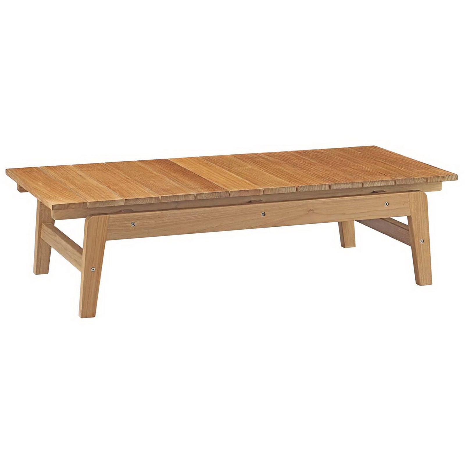 Solid teak coffee table highlighting angled legs with side supports for modern stability || EEI-2699-NAT || front_angle_studio