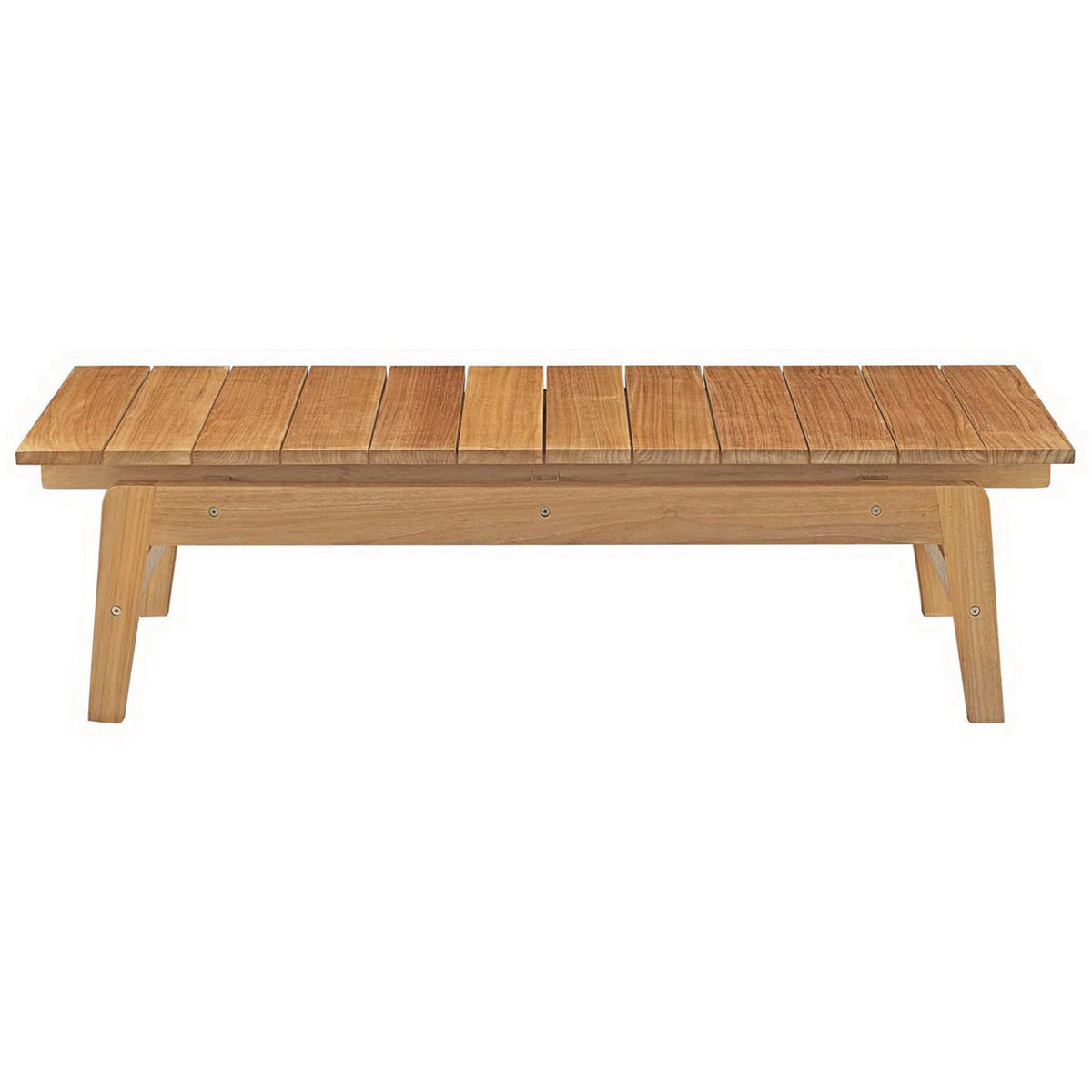 Teak outdoor coffee table with wide slatted top and clean, low profile design || EEI-2699-NAT || front_studio