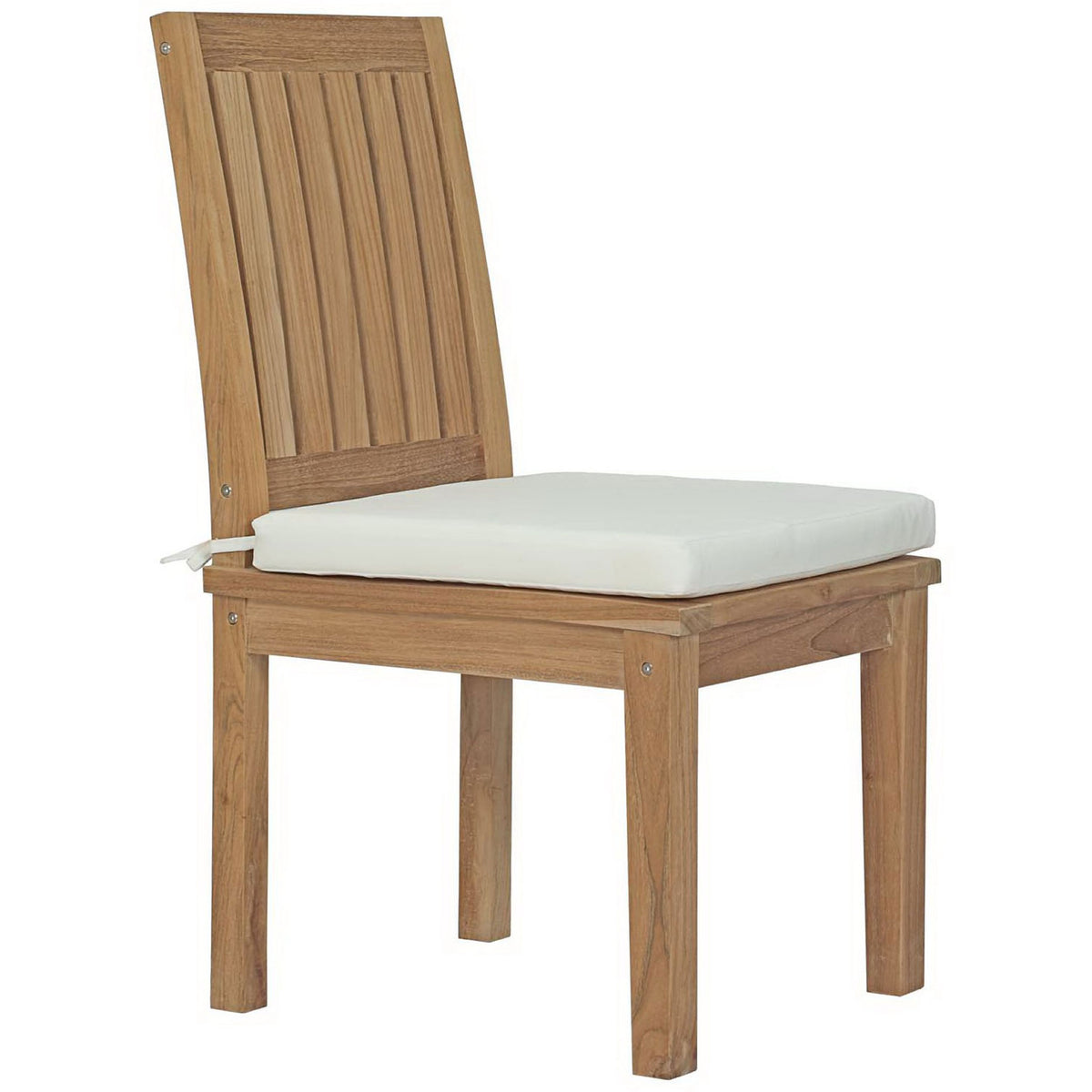 Natural teak side chair with clean lines and a neatly tied white seat cushion for outdoor dining || EEI-2700-NAT-WHI || front_angle_studio