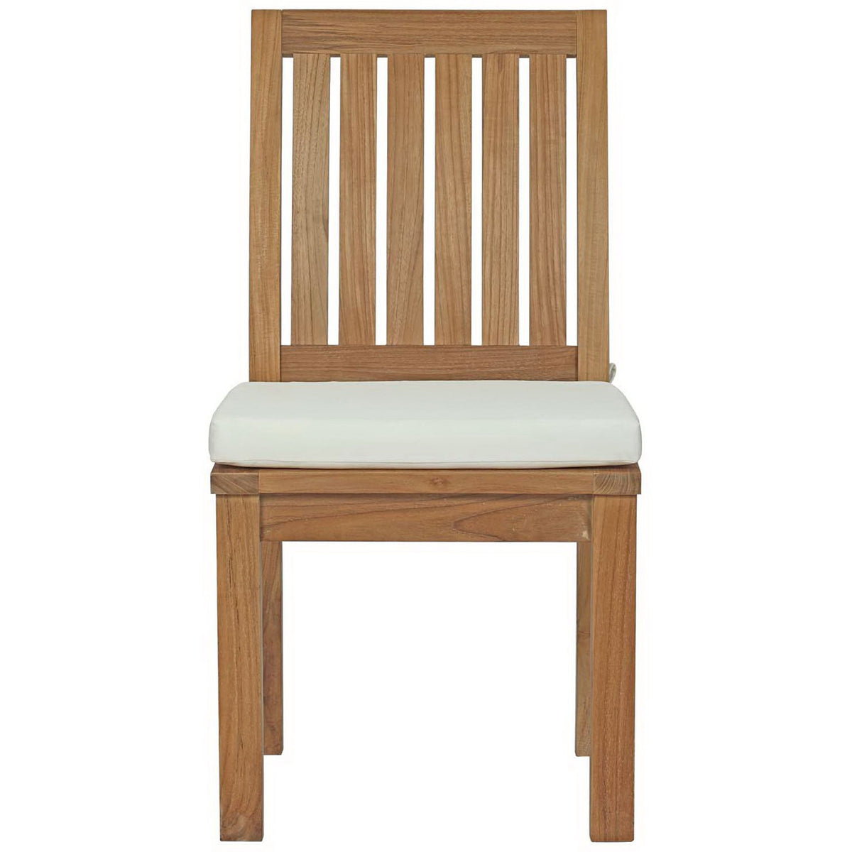 Teak patio dining side chair with slatted back and plush white all-weather cushion || EEI-2700-NAT-WHI || front_studio