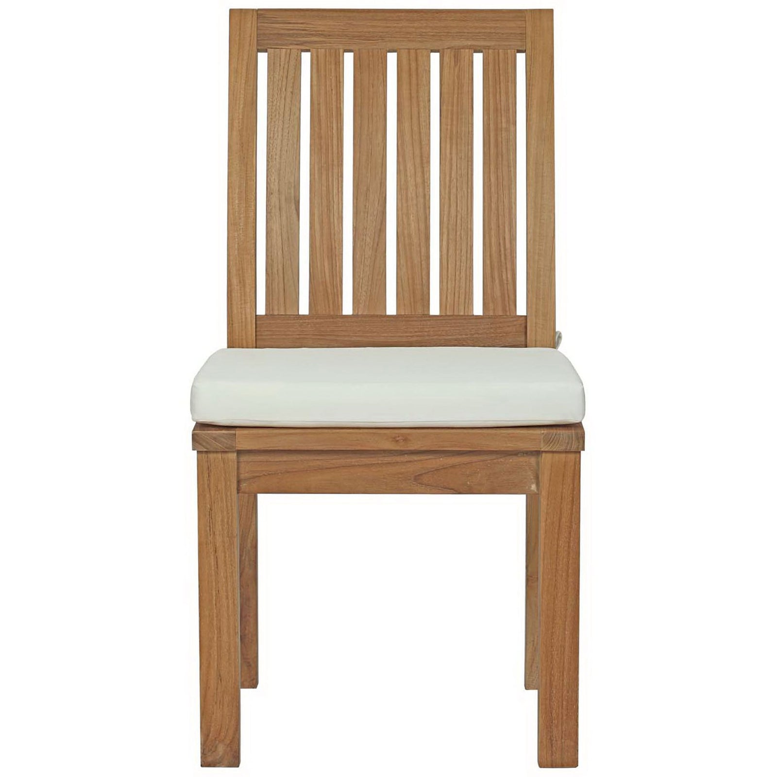 Teak patio dining side chair with slatted back and plush white all-weather cushion || EEI-2700-NAT-WHI || front_studio