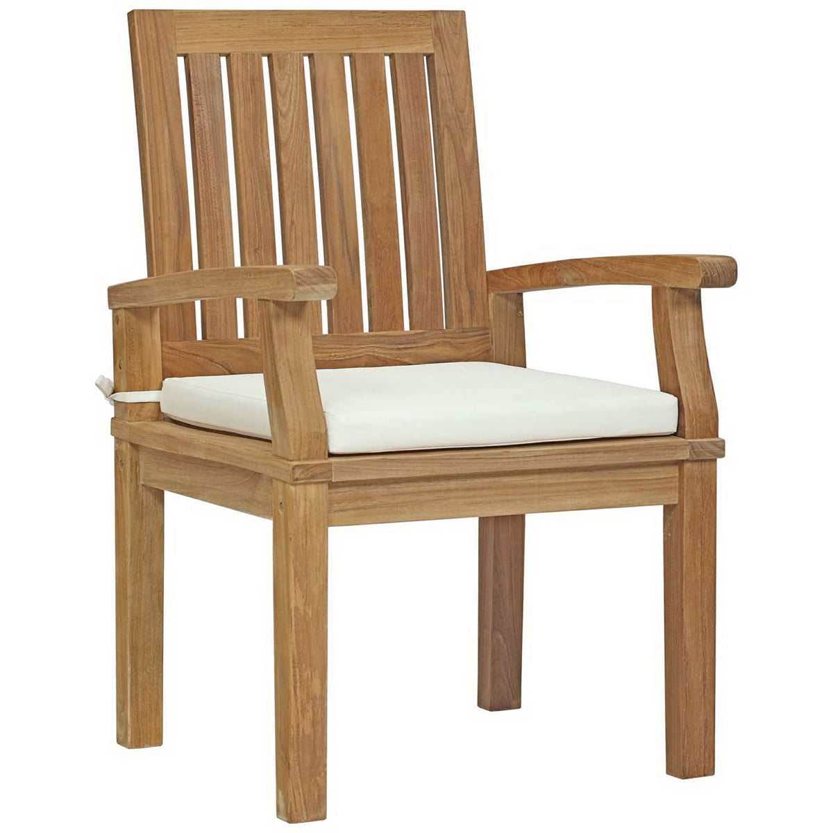 Natural teak dining armchair with gently curved arms and crisp white cushion for outdoor comfort || EEI-2701-NAT-WHI || front_angle_studio