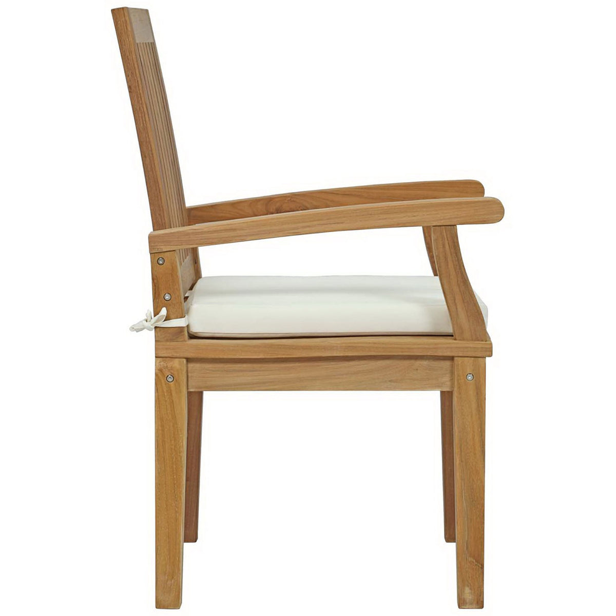 Streamlined teak armchair with smooth curved arms and supportive white seat cushion || EEI-2701-NAT-WHI || side_studio