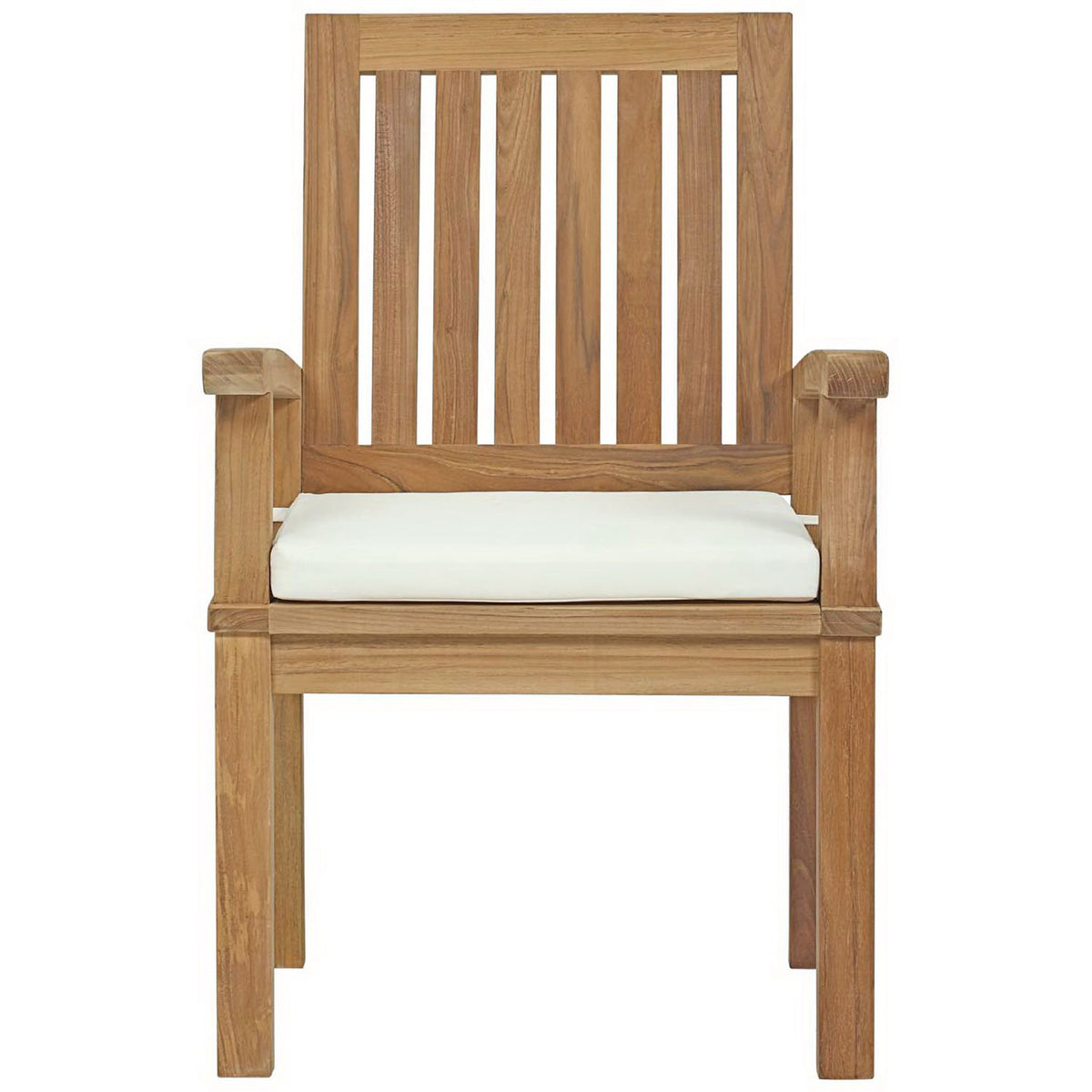Teak patio armchair with vertical slat back and thick white all-weather seat cushion || EEI-2701-NAT-WHI || front_studio