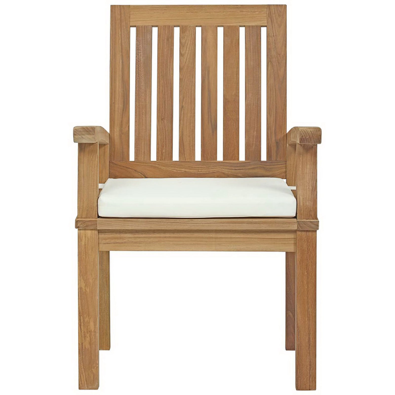 Teak patio armchair with vertical slat back and thick white all-weather seat cushion || EEI-2701-NAT-WHI || front_studio