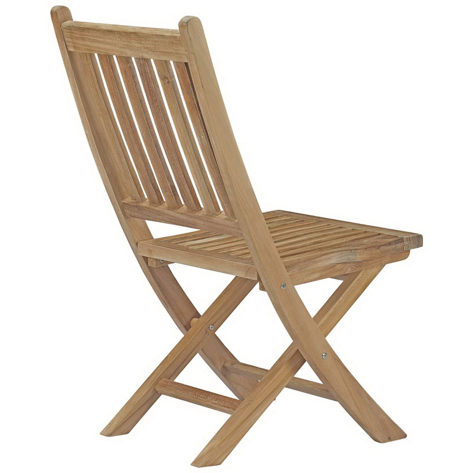 Outdoor teak folding chair showcasing sturdy back slats and supportive cross-braced legs || EEI-2702-NAT || back_angle_studio