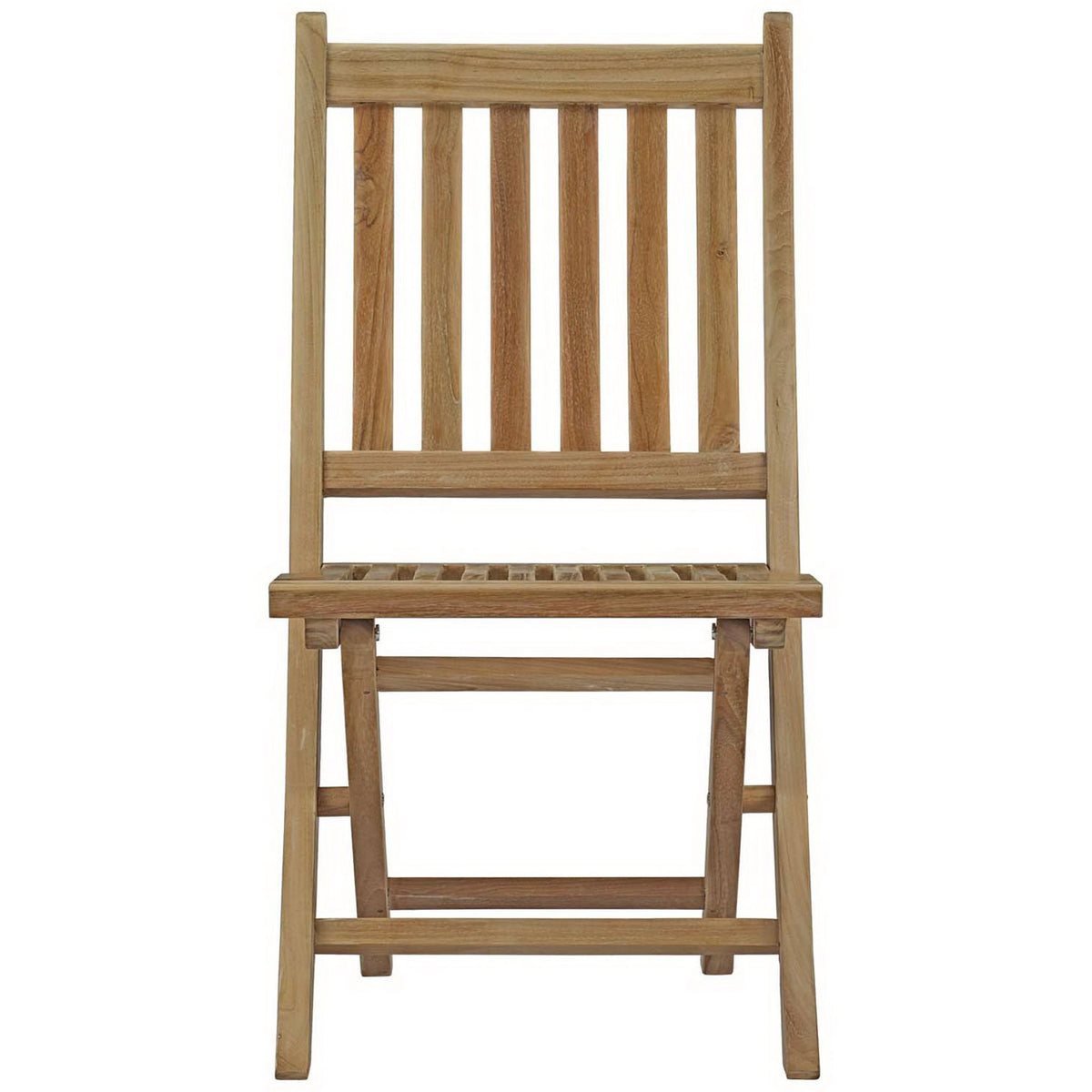 Teak outdoor folding side chair with vertical slatted back and seat for classic patio style || EEI-2702-NAT || front_studio