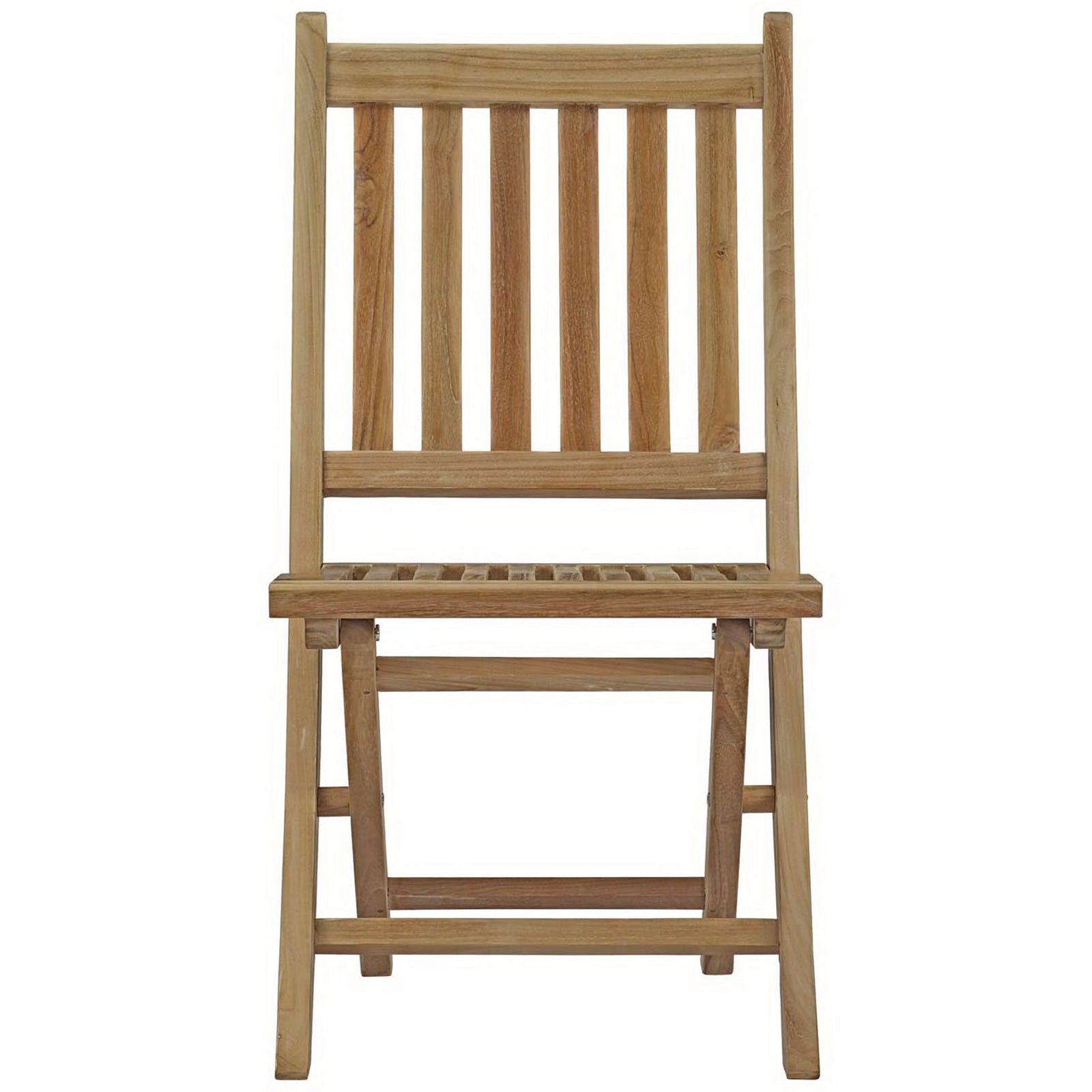 Teak outdoor folding side chair with vertical slatted back and seat for classic patio style || EEI-2702-NAT || front_studio