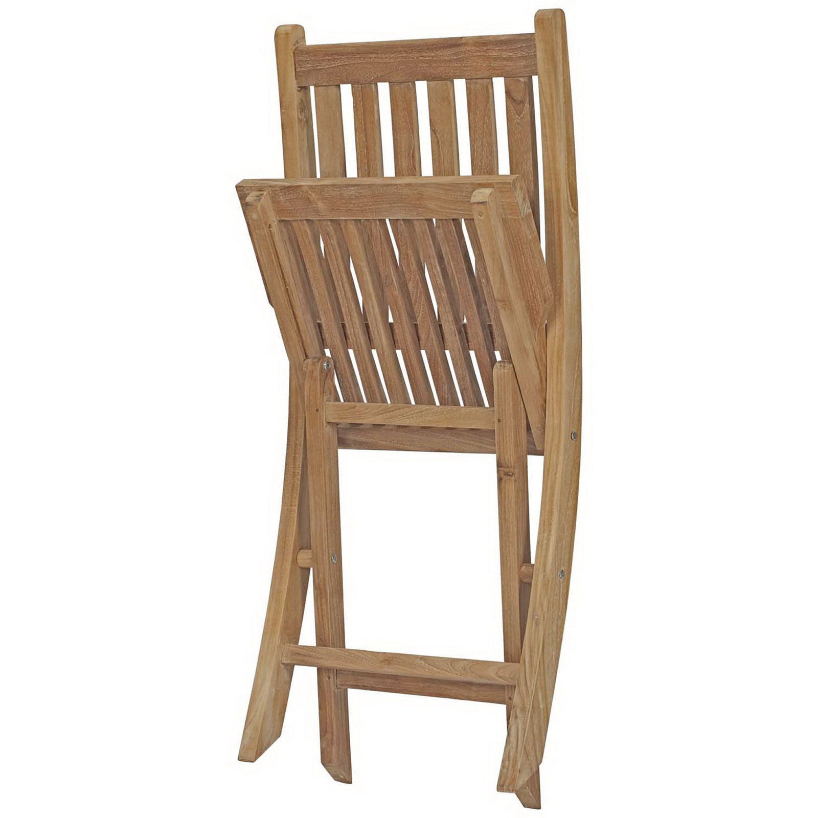 Compact teak folding chair partially folded for convenient transport and storage || EEI-2702-NAT || back_angle_converted_studio