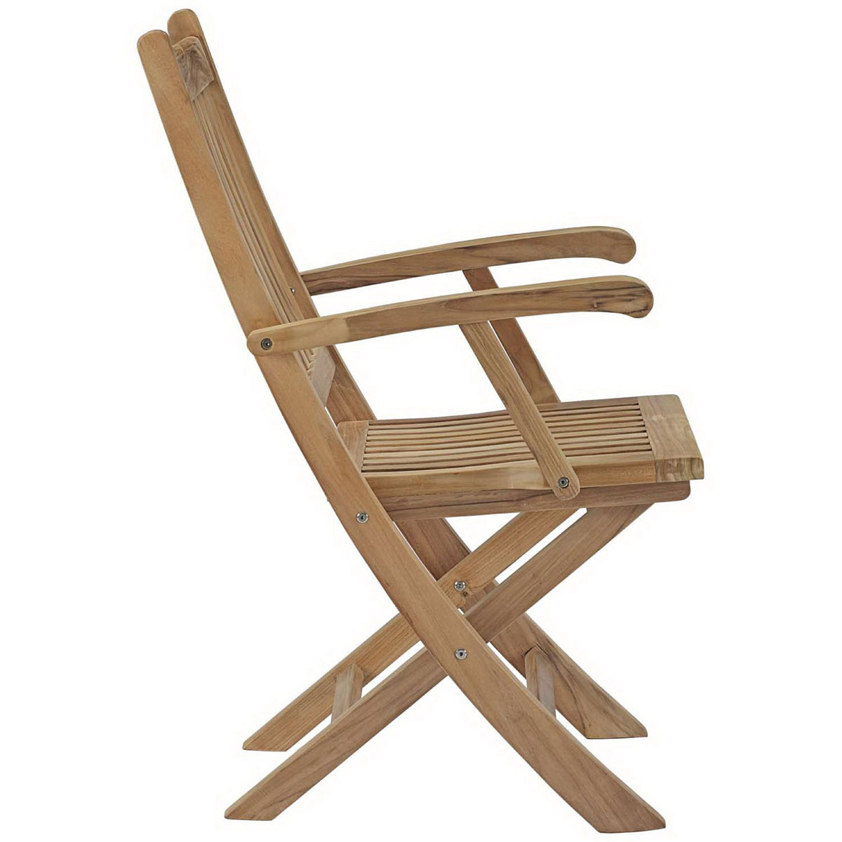 Streamlined teak folding armchair with contoured arms and space-saving foldable frame || EEI-2703-NAT || side_studio