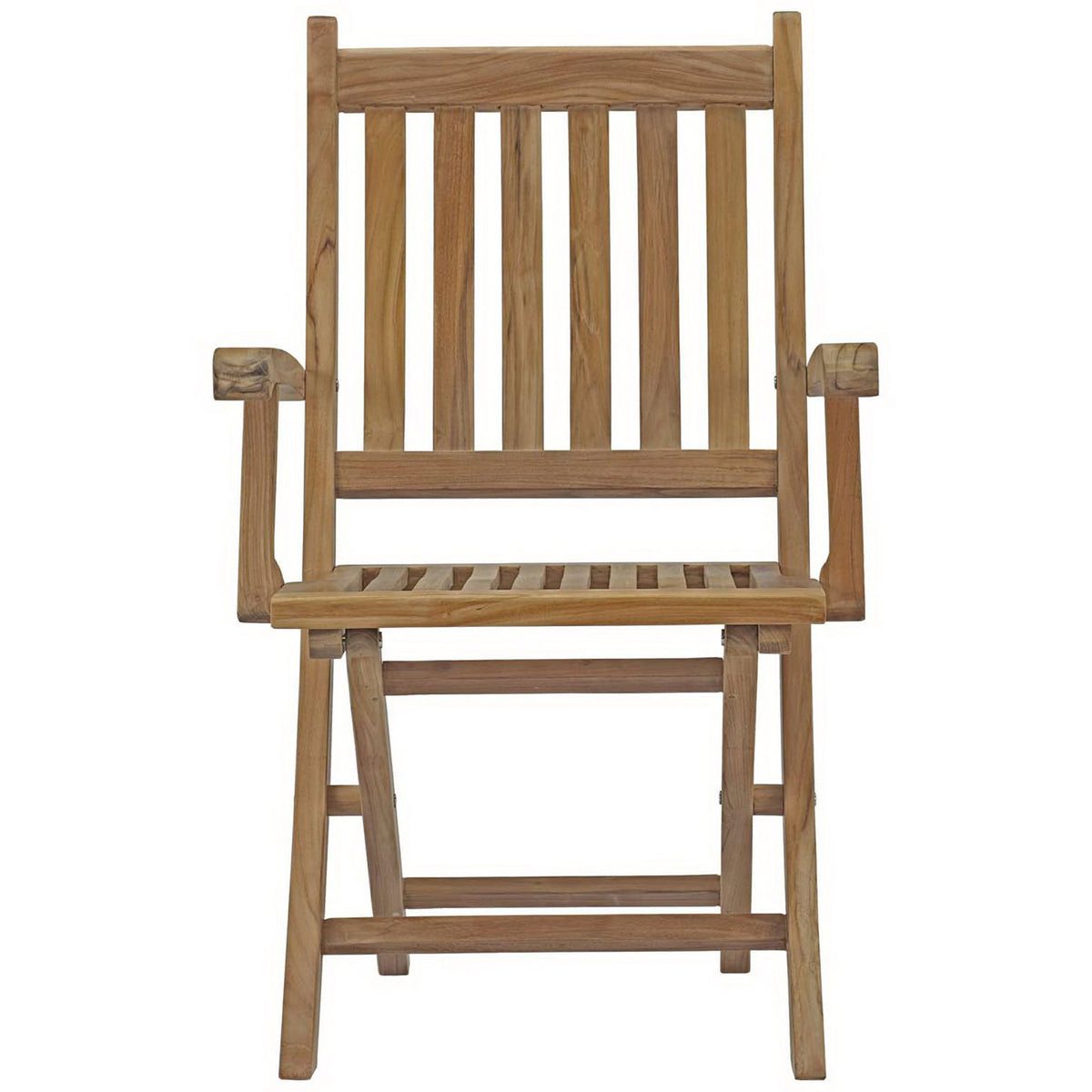 Teak outdoor folding armchair with vertical slat back and gently curved arms || EEI-2703-NAT || front_studio