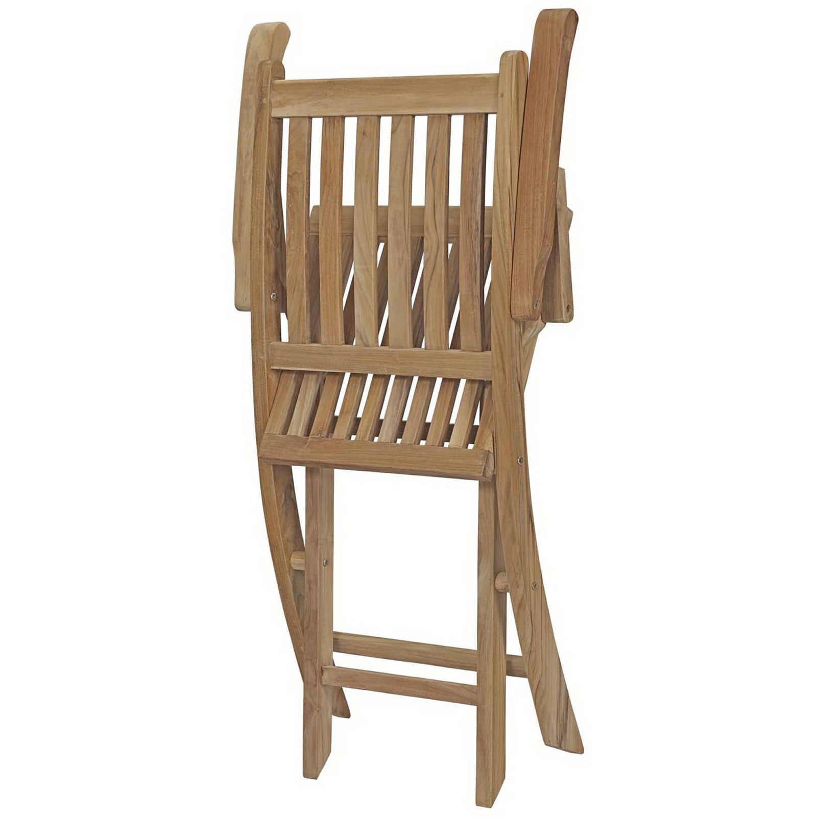 Compact teak armchair folded for easy storage with neatly aligned slatted back and seat || EEI-2703-NAT || back_angle_converted_studio