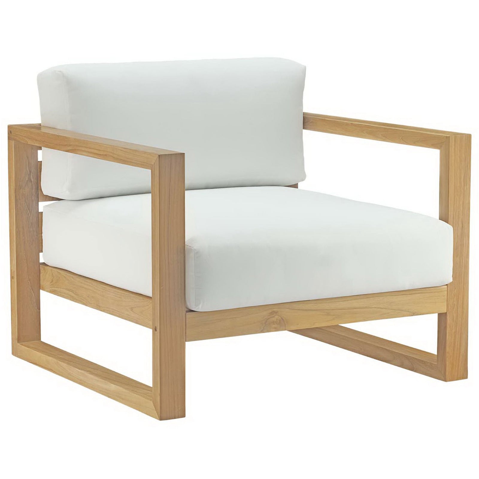 Teak outdoor armchair with boxy open-frame arms and plush white weather-resistant cushions || EEI-2706-NAT-WHI || front_angle_studio