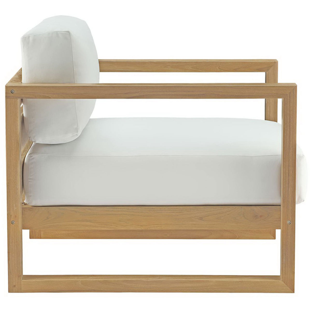 Streamlined teak patio armchair showcasing thick white seat and back cushions on an open sled base || EEI-2706-NAT-WHI || side_studio