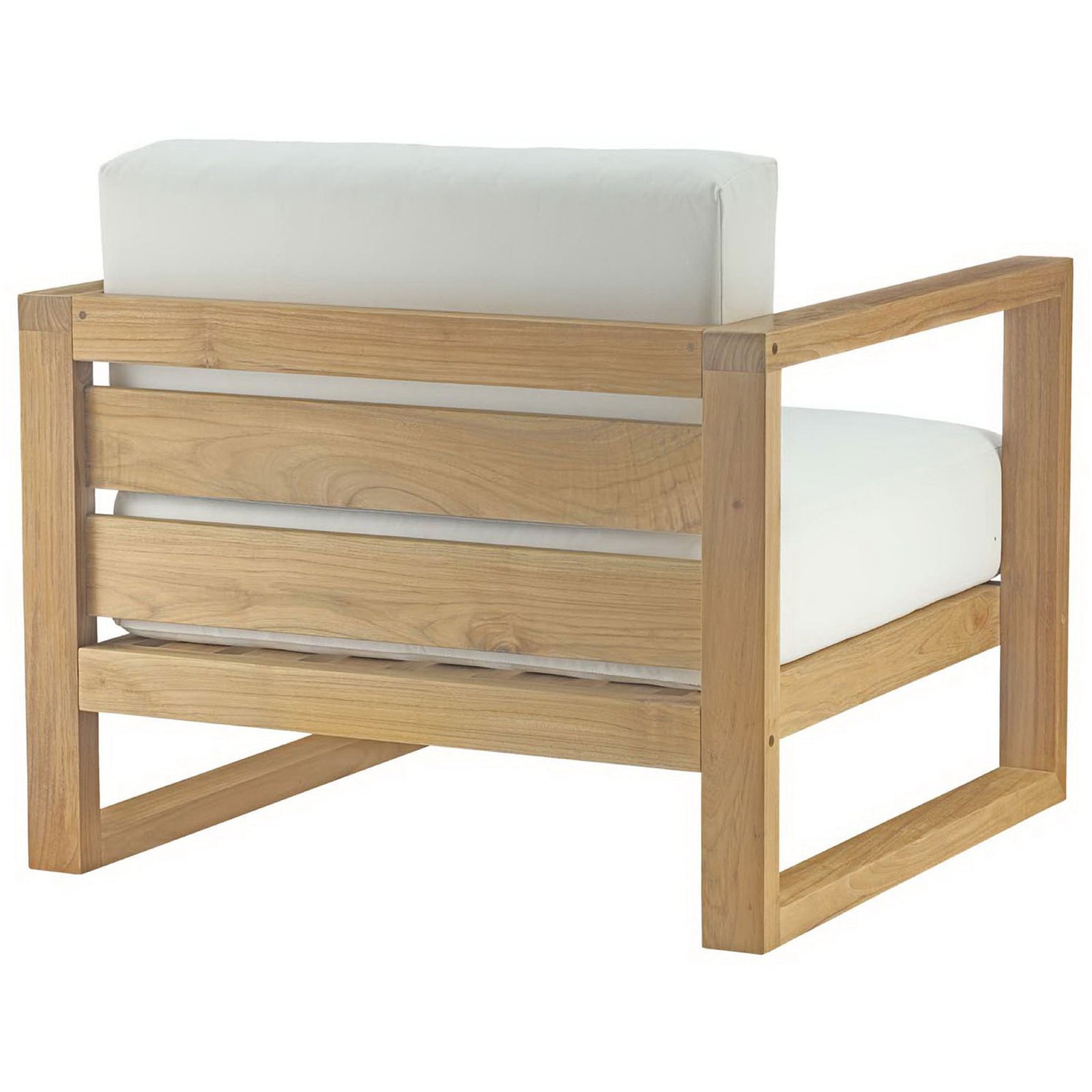 Teak armchair rear view featuring wide slatted backrest and deep white cushions for relaxed lounging || EEI-2706-NAT-WHI || back_angle_studio