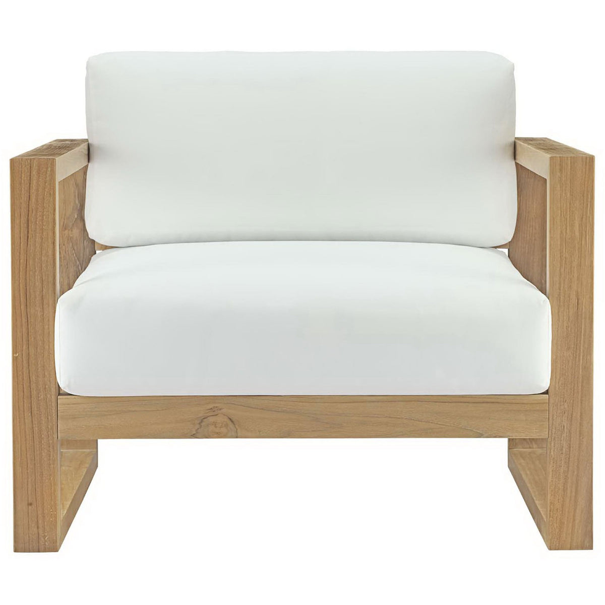 Boxy modern teak armchair with generous white cushions creating a clean, inviting outdoor seat || EEI-2706-NAT-WHI || front_studio