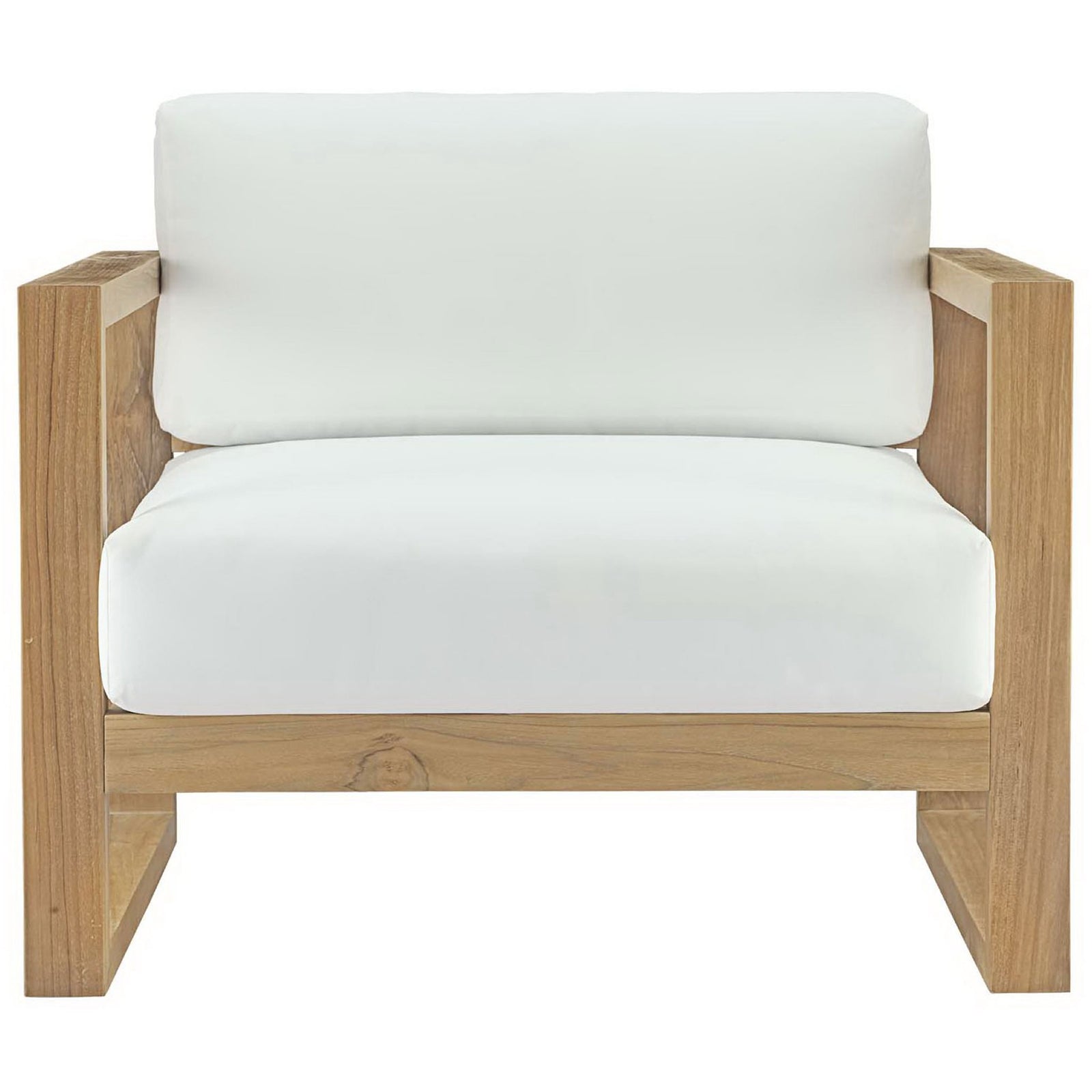 Boxy modern teak armchair with generous white cushions creating a clean, inviting outdoor seat || EEI-2706-NAT-WHI || front_studio
