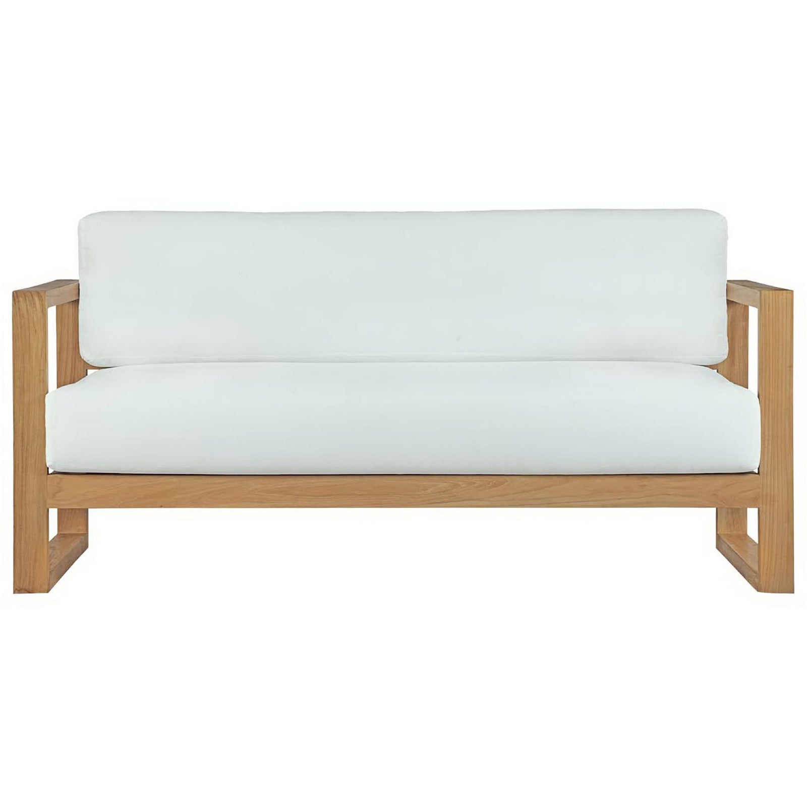 Modern teak outdoor sofa with wide arms and plush weather resistant white cushions || EEI-2707-NAT-WHI || front_studio