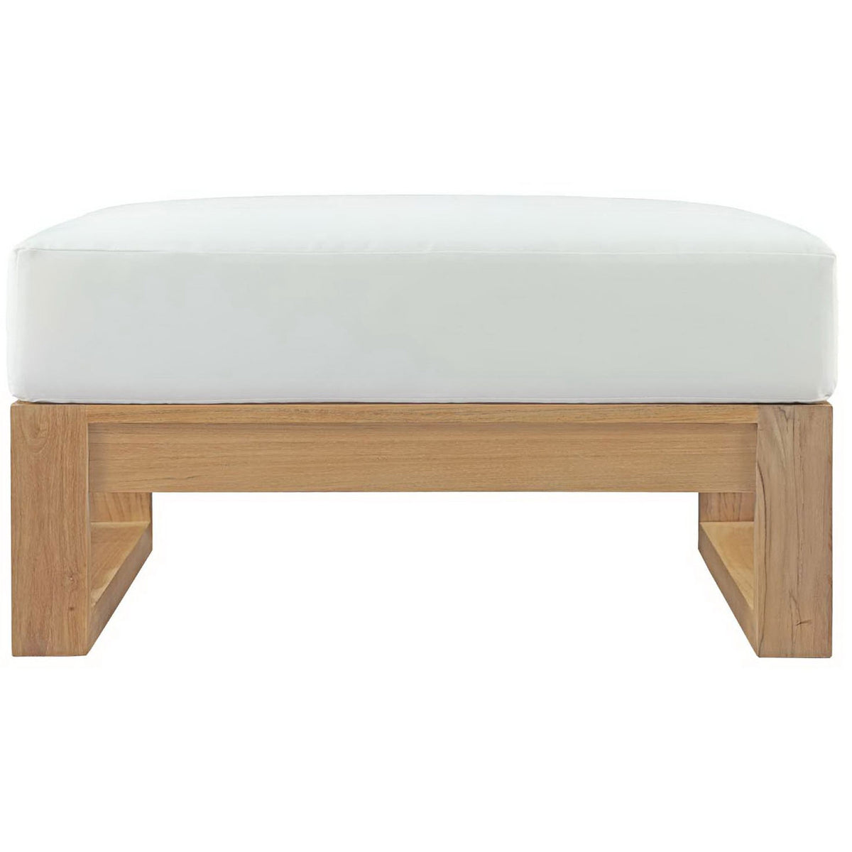 Modern teak patio ottoman with boxy frame and plush white cushion for versatile outdoor lounging || EEI-2708-NAT-WHI || front_studio