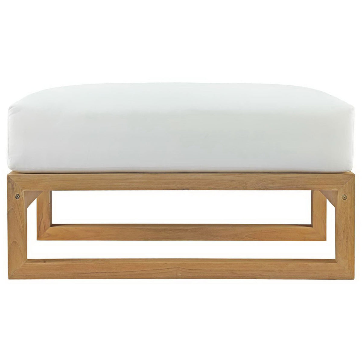 Low platform teak ottoman with wide rectangular legs and smooth white cushion top || EEI-2708-NAT-WHI || side_studio