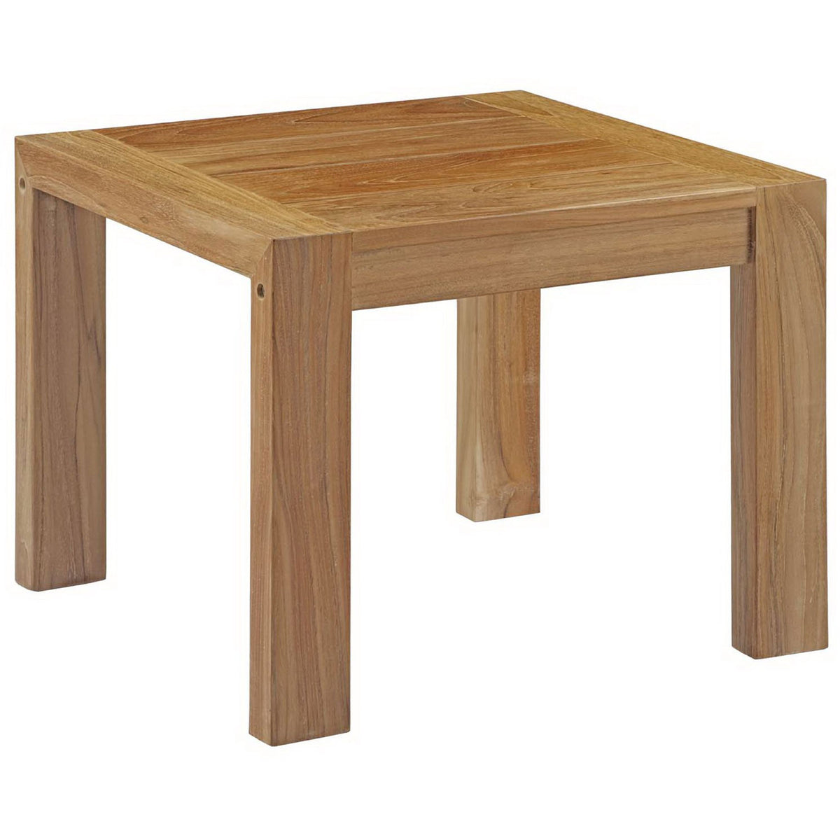 Square teak outdoor side table with thick legs and warm natural wood grain. || EEI-2709-NAT || front_angle_studio
