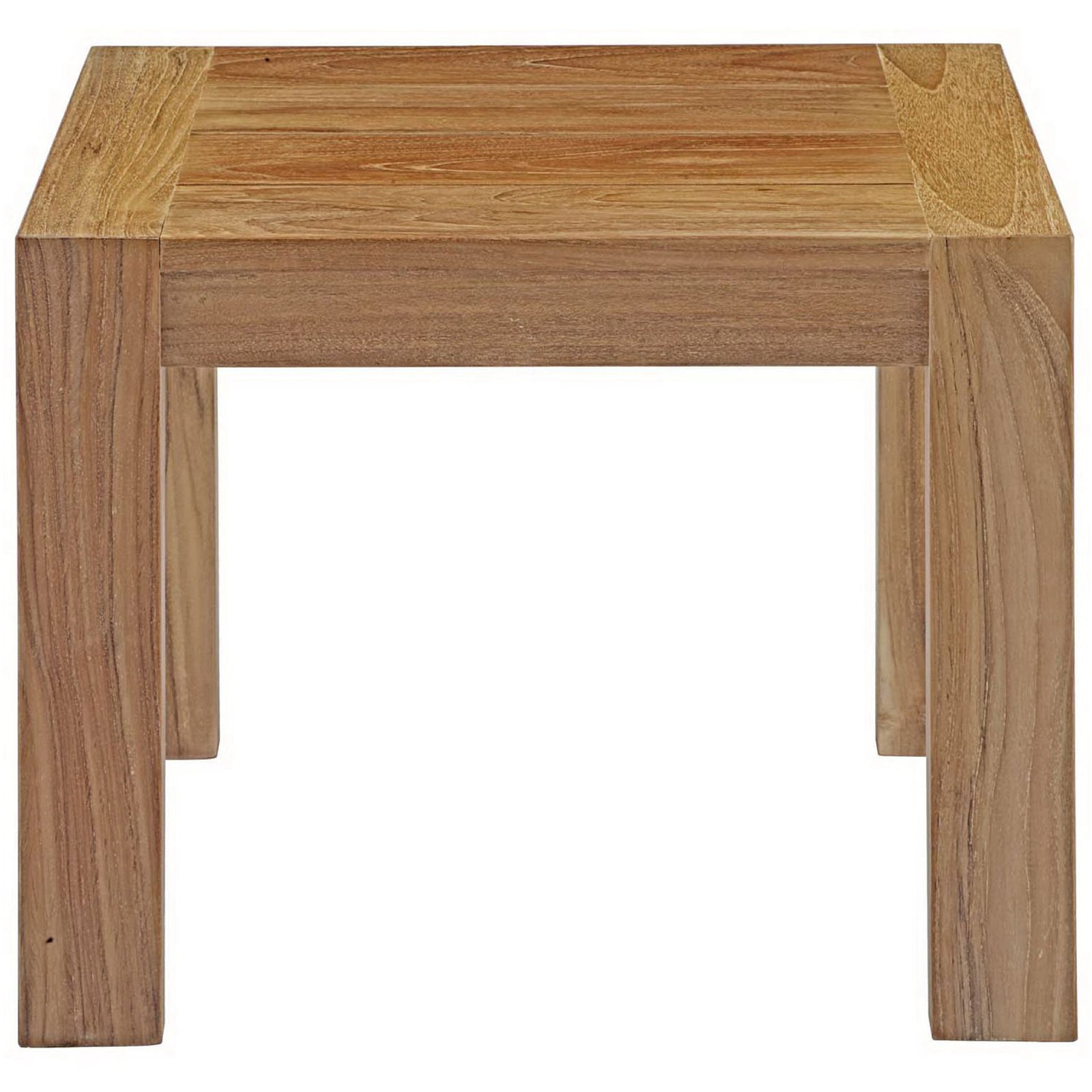 Compact teak patio side table with sturdy block legs and a clean, modern silhouette. || EEI-2709-NAT || front_studio