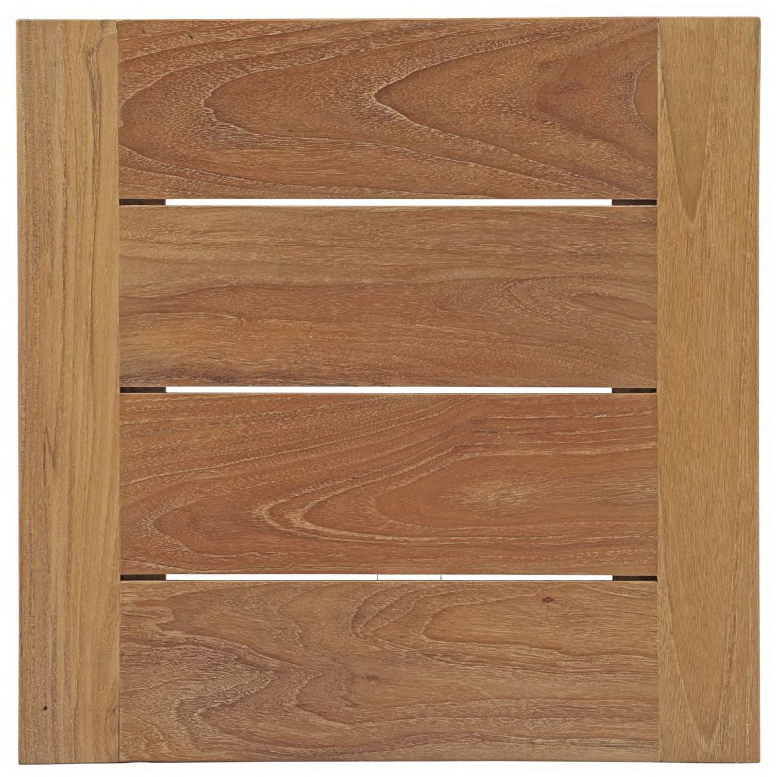 Teak tabletop featuring rich wood grain and slatted center panels within a smooth frame. || EEI-2709-NAT || top_studio