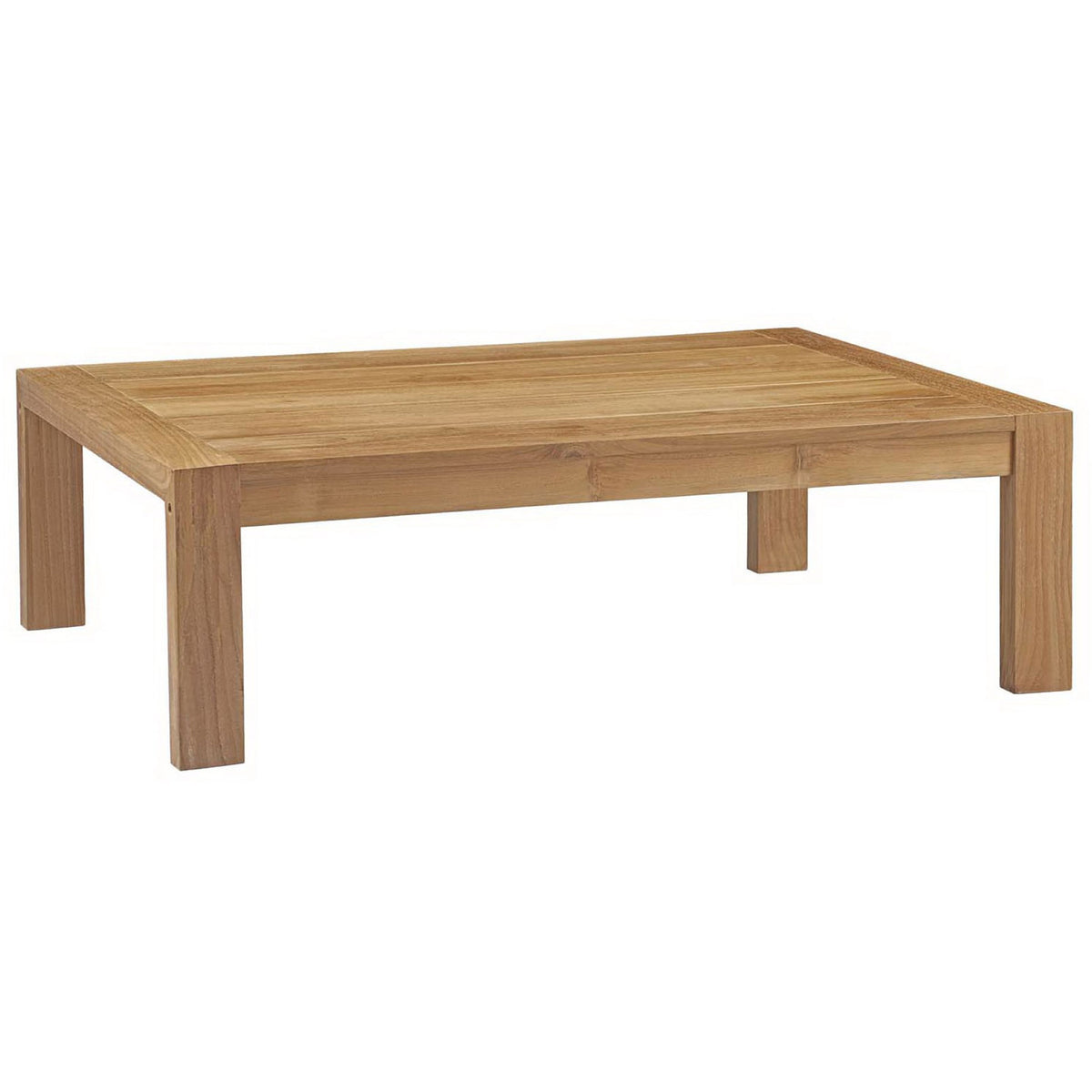 Rectangular solid teak coffee table with thick block legs and smooth slatted surface for relaxed outdoor lounging || EEI-2710-NAT || front_angle_studio