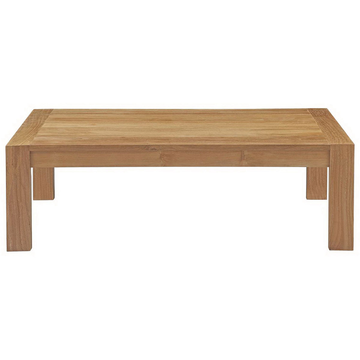 Low-profile natural teak outdoor coffee table with broad slatted top and clean modern lines || EEI-2710-NAT || front_studio