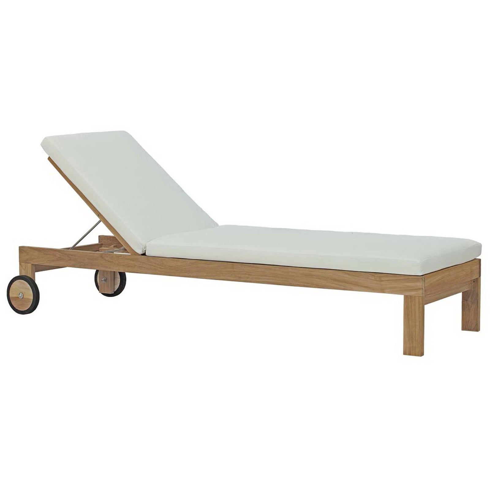 Teak outdoor chaise with white cushions and adjustable backrest for relaxing comfort || EEI-2711-NAT-WHI || side_studio