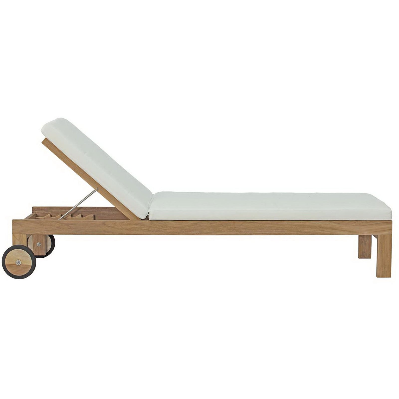 Streamlined teak chaise with white cushions and rear wheels for easy repositioning || EEI-2711-NAT-WHI || side_studio