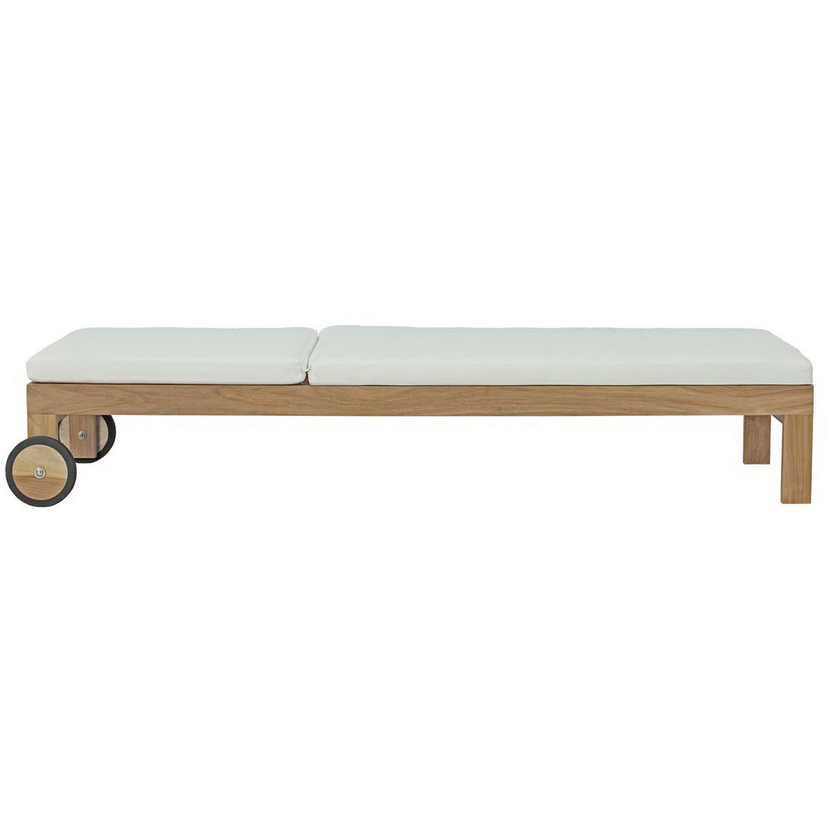 Teak chaise fully flat with plush white cushions ideal for sunbathing by the pool || EEI-2711-NAT-WHI || side_converted_studio