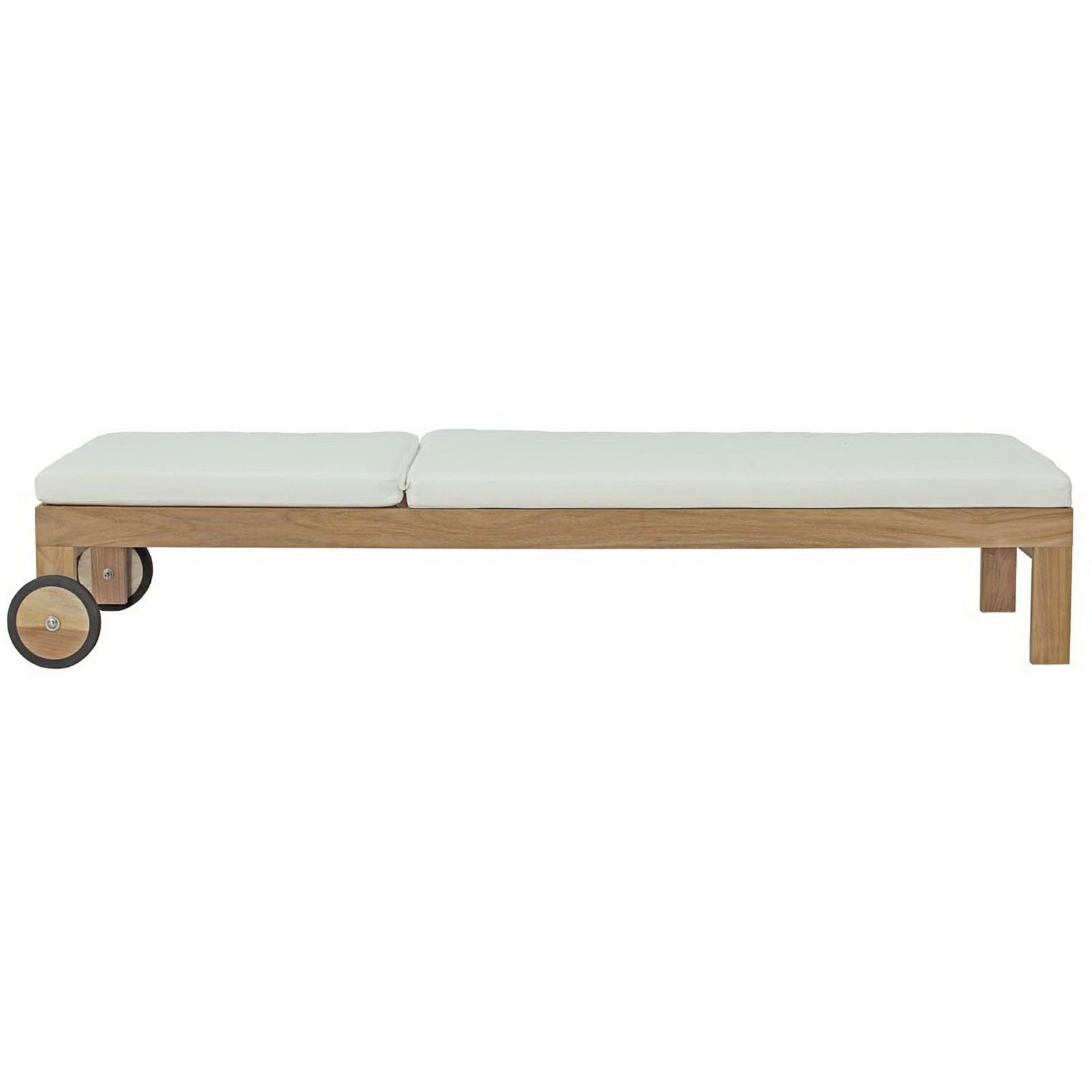 Teak chaise fully flat with plush white cushions ideal for sunbathing by the pool || EEI-2711-NAT-WHI || side_converted_studio