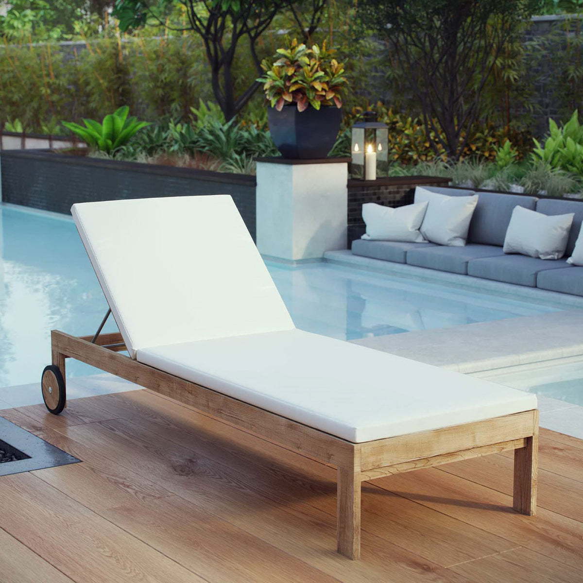 Teak poolside chaise with white cushions bringing resort style comfort outdoors || EEI-2711-NAT-WHI || side_room
