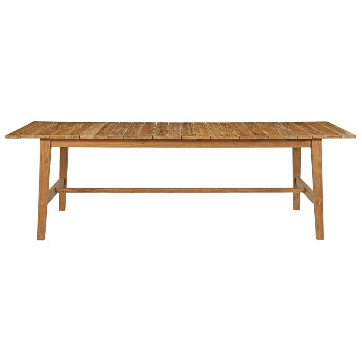 Teak outdoor dining table shown from the front highlighting clean lines and warm natural finish || EEI-2713-NAT || front_studio