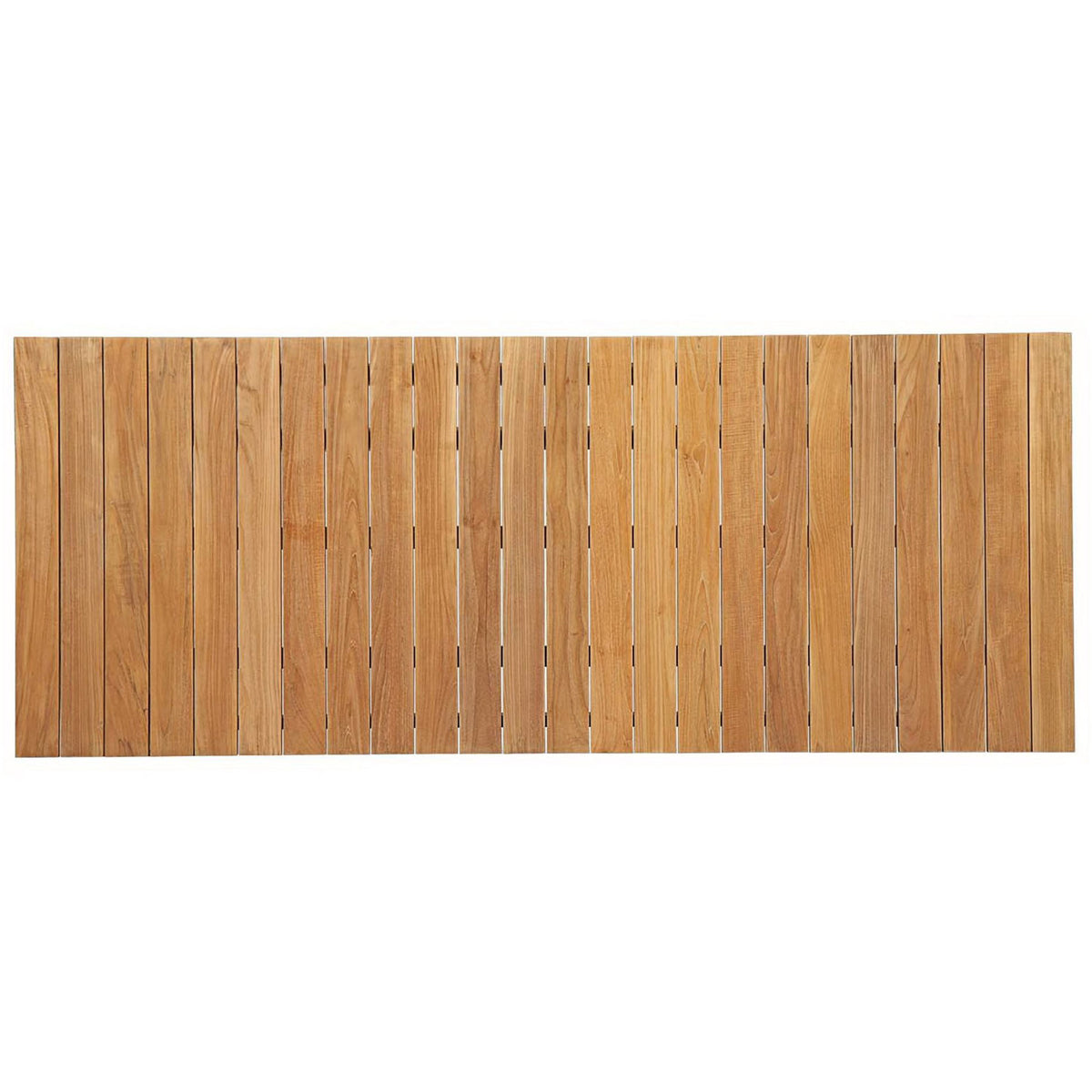 Slatted teak dining tabletop in natural finish shown from above || EEI-2713-NAT || top_studio