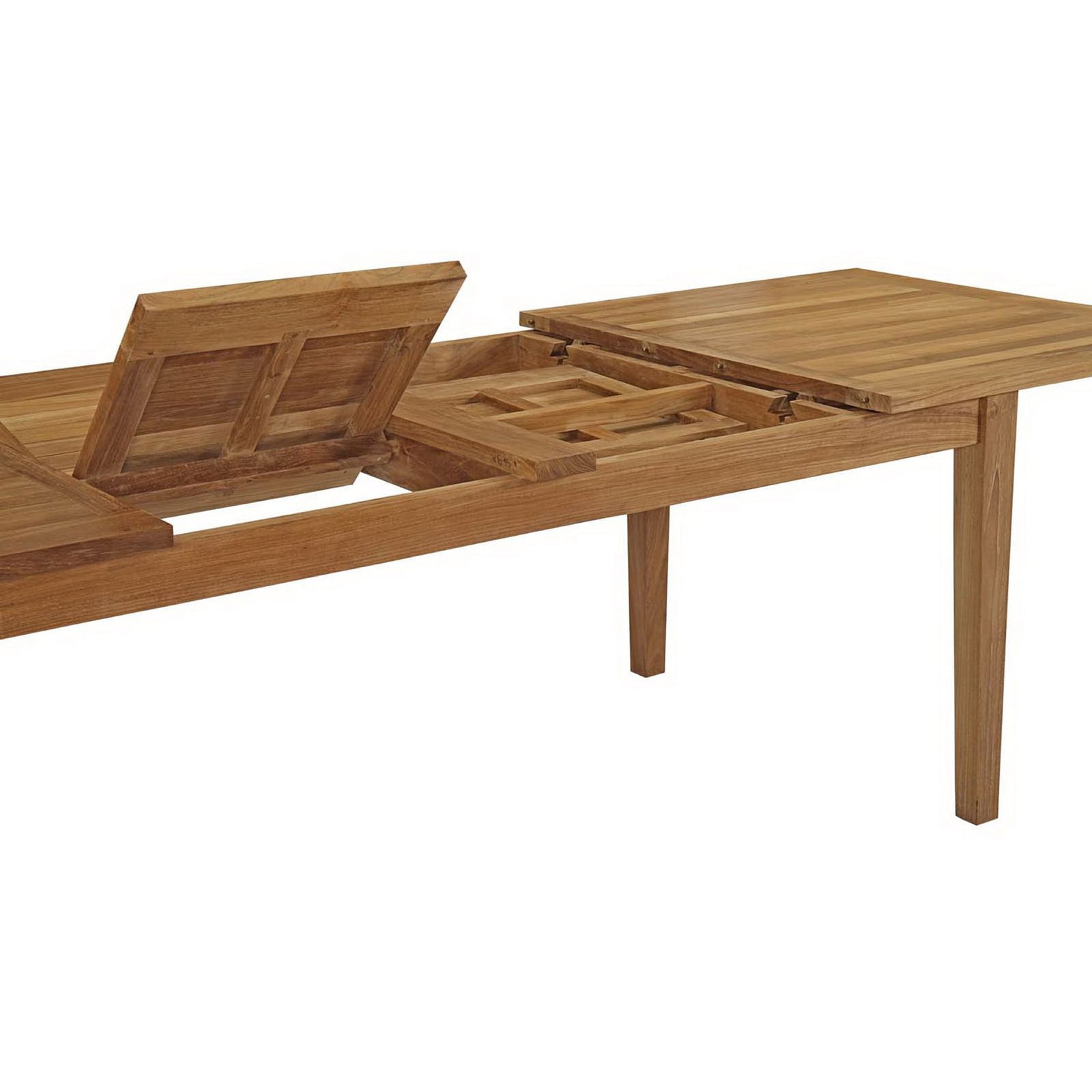 Teak patio table with one end extended and integrated center leaf support structure || EEI-2714-NAT || detail_studio