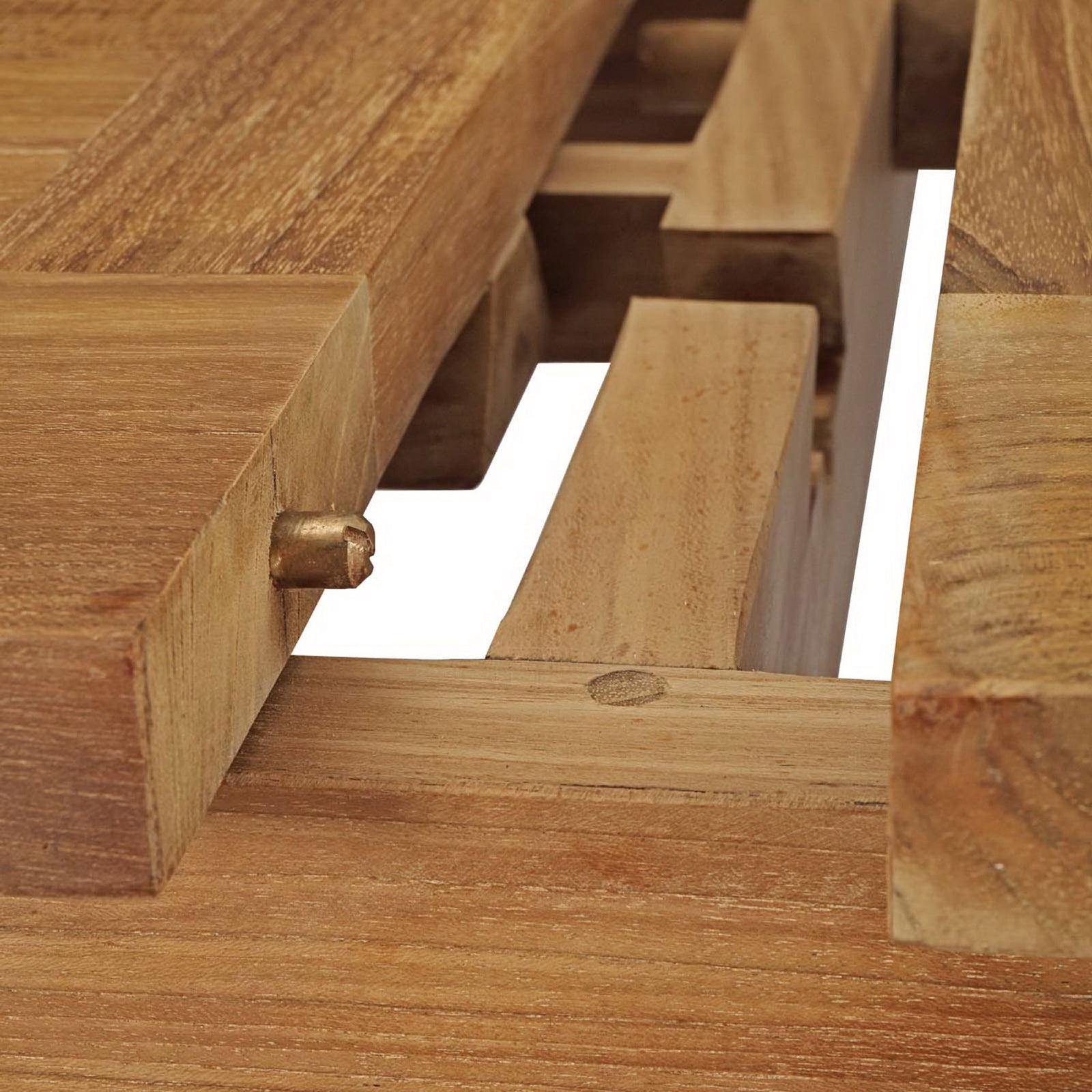 Metal alignment pin and solid teak frame components support the extending tabletop || EEI-2714-NAT || detail_studio