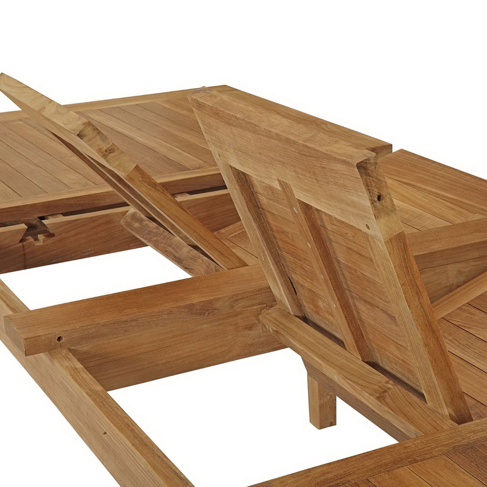 Both extension leaves of the teak table raised, revealing the dual expanding panels || EEI-2714-NAT || detail_studio