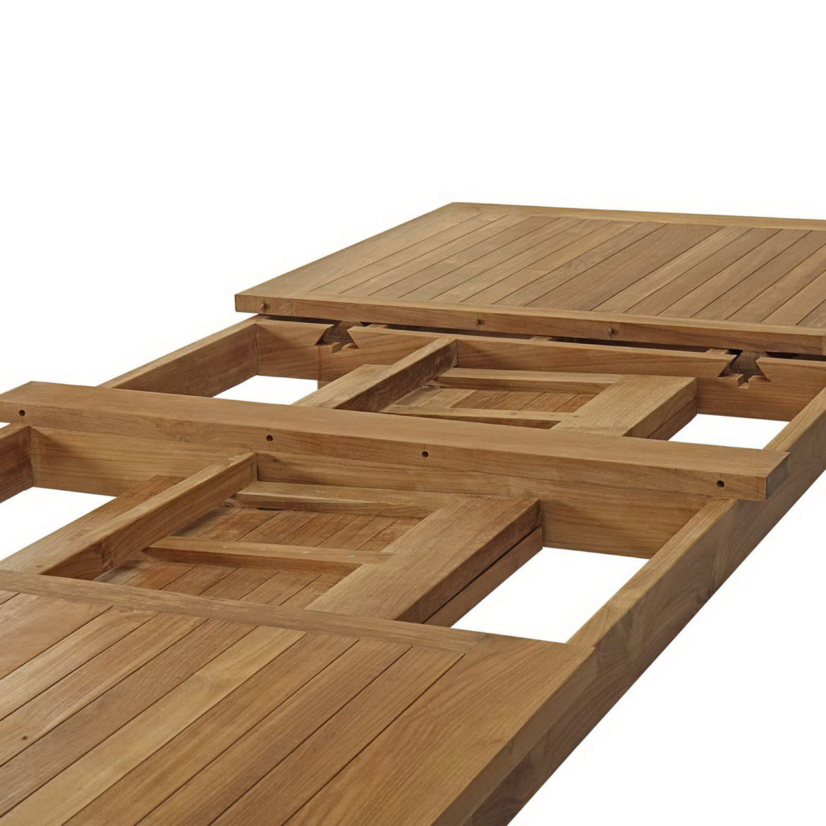 Sliding support tracks beneath the teak tabletop guide the smooth extension action || EEI-2714-NAT || detail_studio